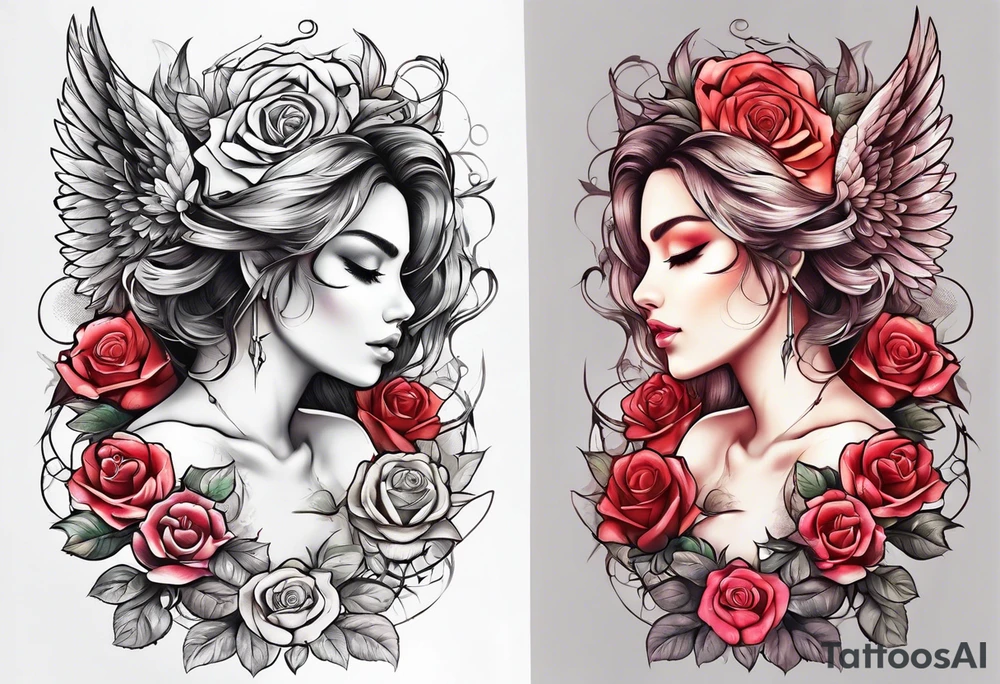 Beautiful woman angle with wings standing surrounded by roses tattoo idea
