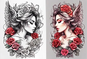 Beautiful woman angle with wings standing surrounded by roses tattoo idea