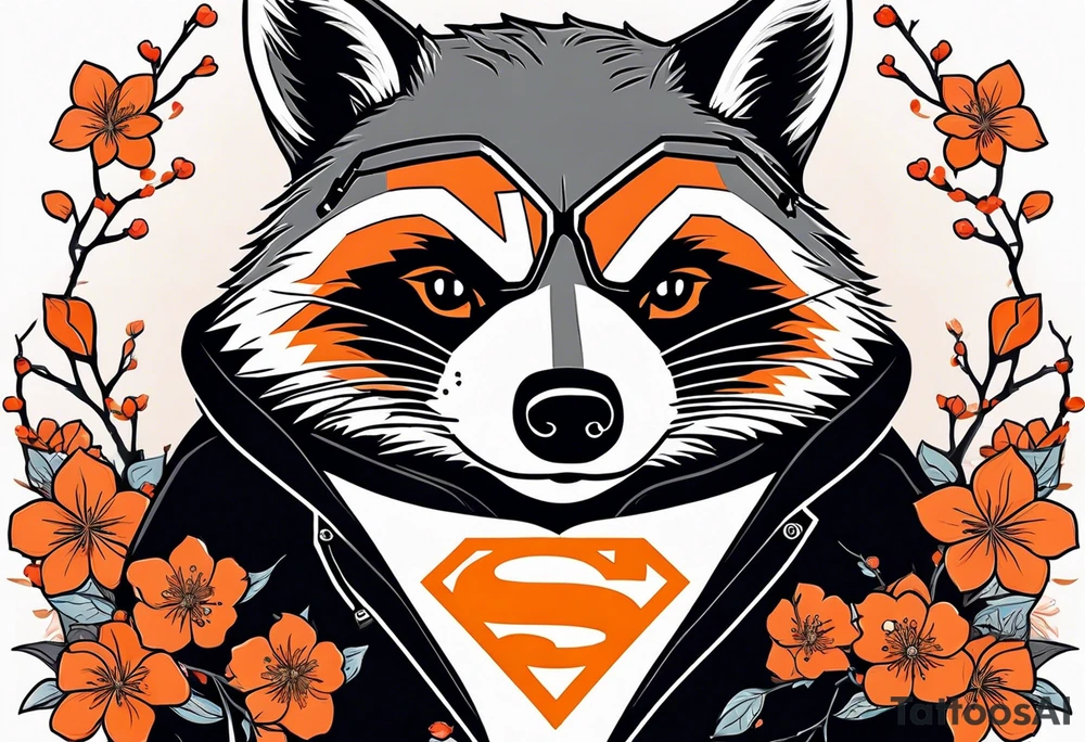 Raccoon wearing a white Superman logo on a black hoodie and orange Japanese cherry blossoms tattoo idea