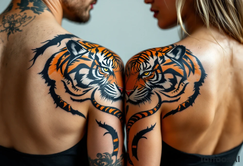 Matching couple orange and black tiger stripes wrapping around both partners upper arms tattoo idea