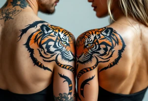 Matching couple orange and black tiger stripes wrapping around both partners upper arms tattoo idea