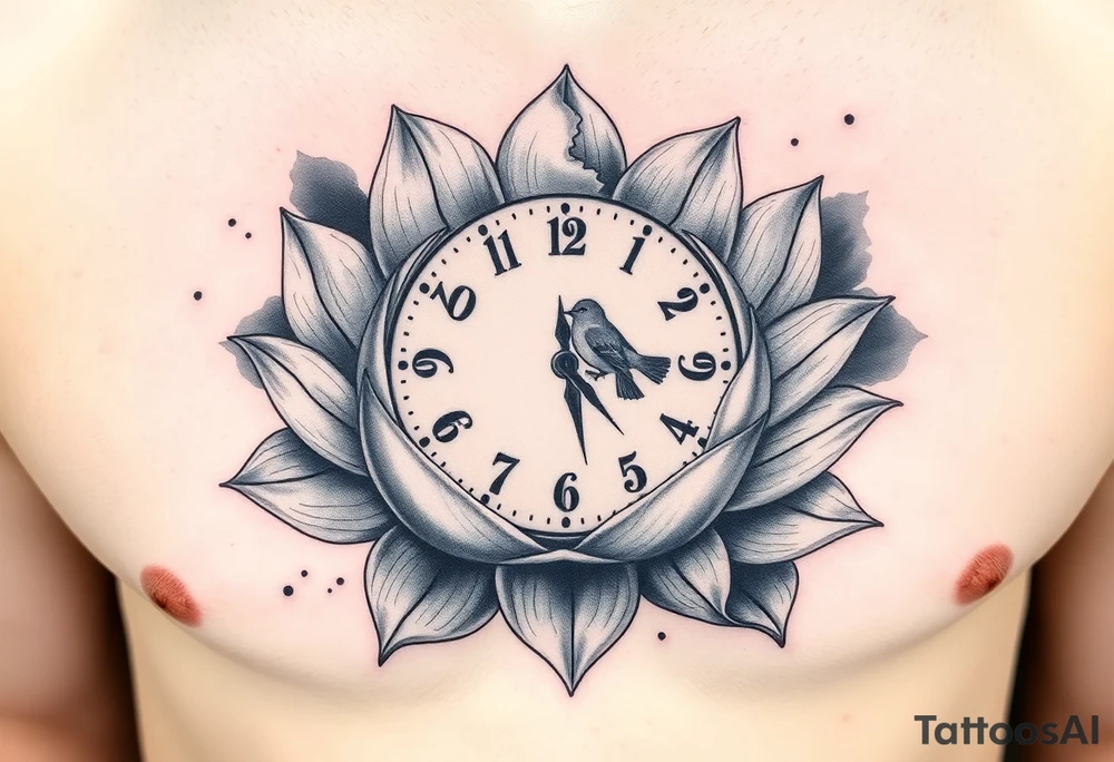 A broken clock floating inside a blooming lotus flower, with a small bird flying out from the clock face tattoo idea