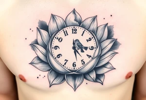 A broken clock floating inside a blooming lotus flower, with a small bird flying out from the clock face tattoo idea