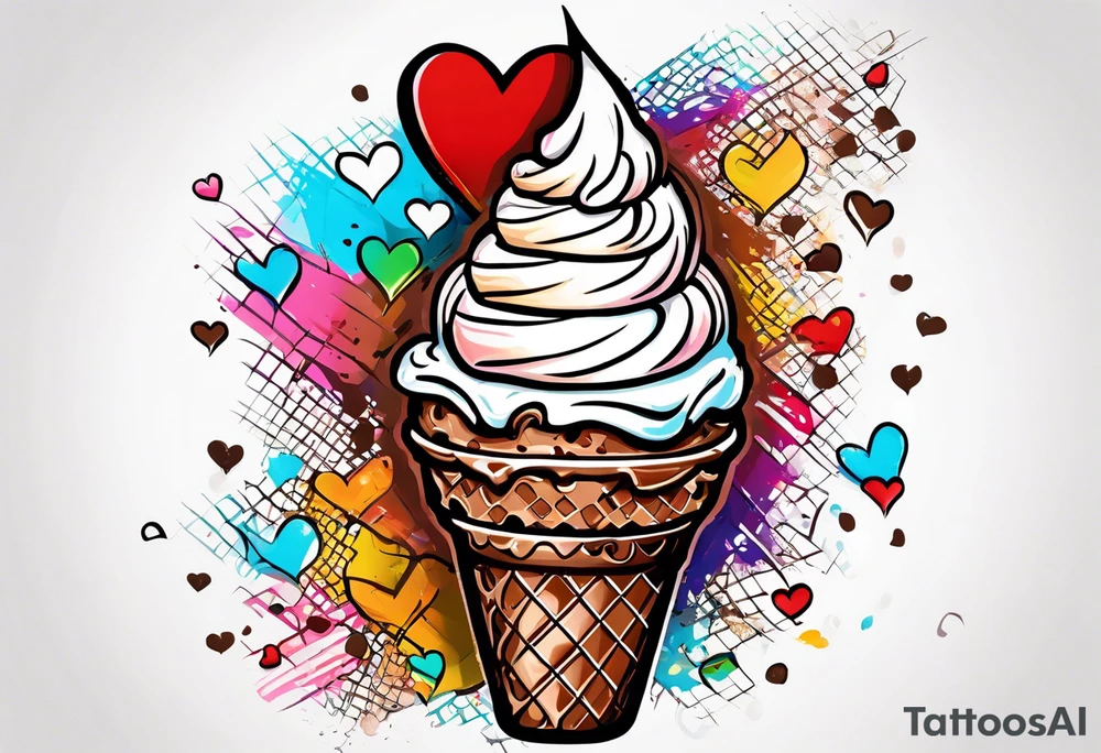 sketch chocolate chip ice cream cone with one red heart tattoo idea