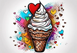 sketch chocolate chip ice cream cone with one red heart tattoo idea