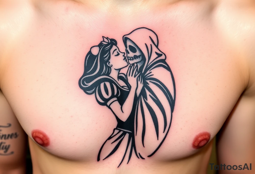 Snow White kiss of death kissing grim reaper tattoo idea