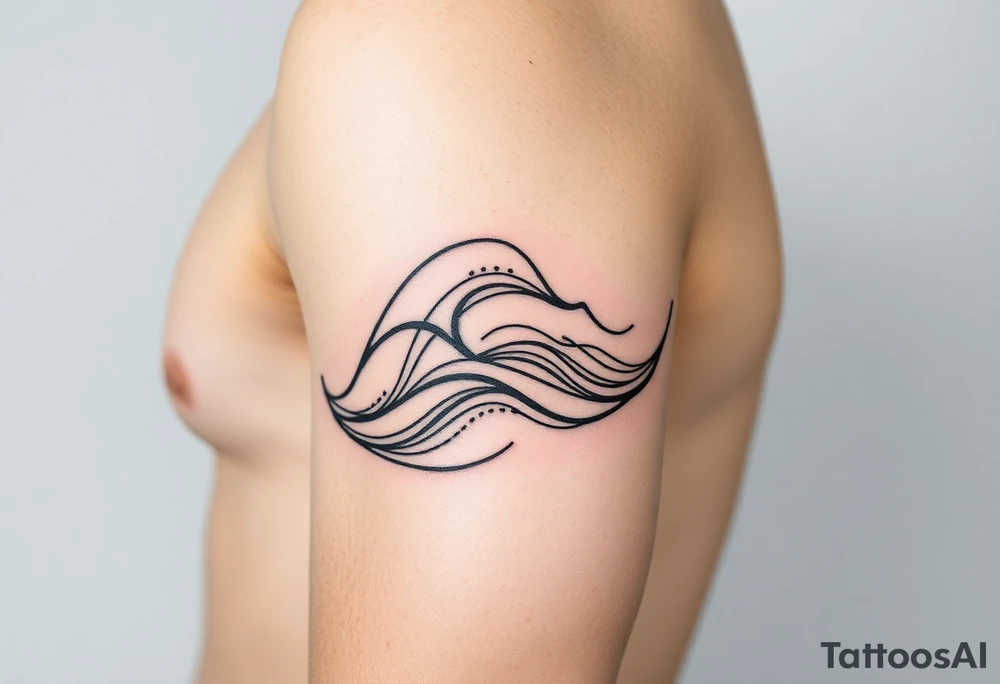Bold abstract line tattoo for a male, inner forearm wrapping around the elbow, sharper wave forms, confident flowing black lines with controlled dotwork, strong contrast, modern masculine style, black ink only, no softness, tattoo-ready. tattoo idea