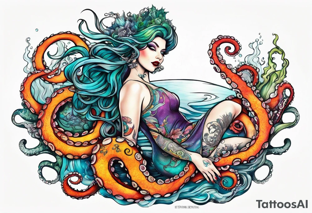 Sea witch with octopus tentacles for legs pinup style full color tattoo idea