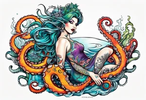 Sea witch with octopus tentacles for legs pinup style full color tattoo idea