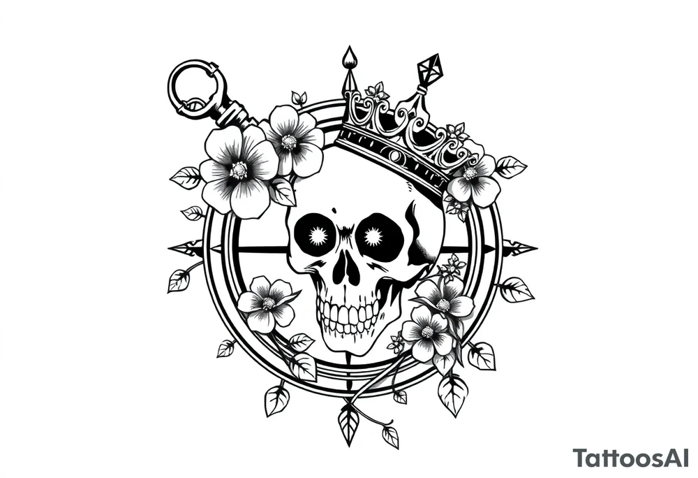 Compass with detailed beautiful gothic boho flowers on vine and skull with gorgeous crown tattoo idea