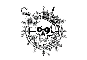 Compass with detailed beautiful gothic boho flowers on vine and skull with gorgeous crown tattoo idea