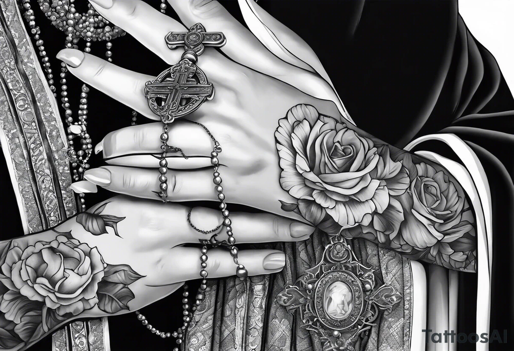 A woman’s praying hands holding a rosary catholic style tattoo idea