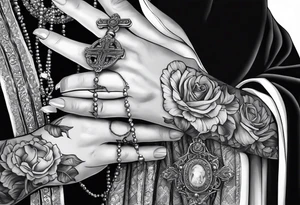 A woman’s praying hands holding a rosary catholic style tattoo idea