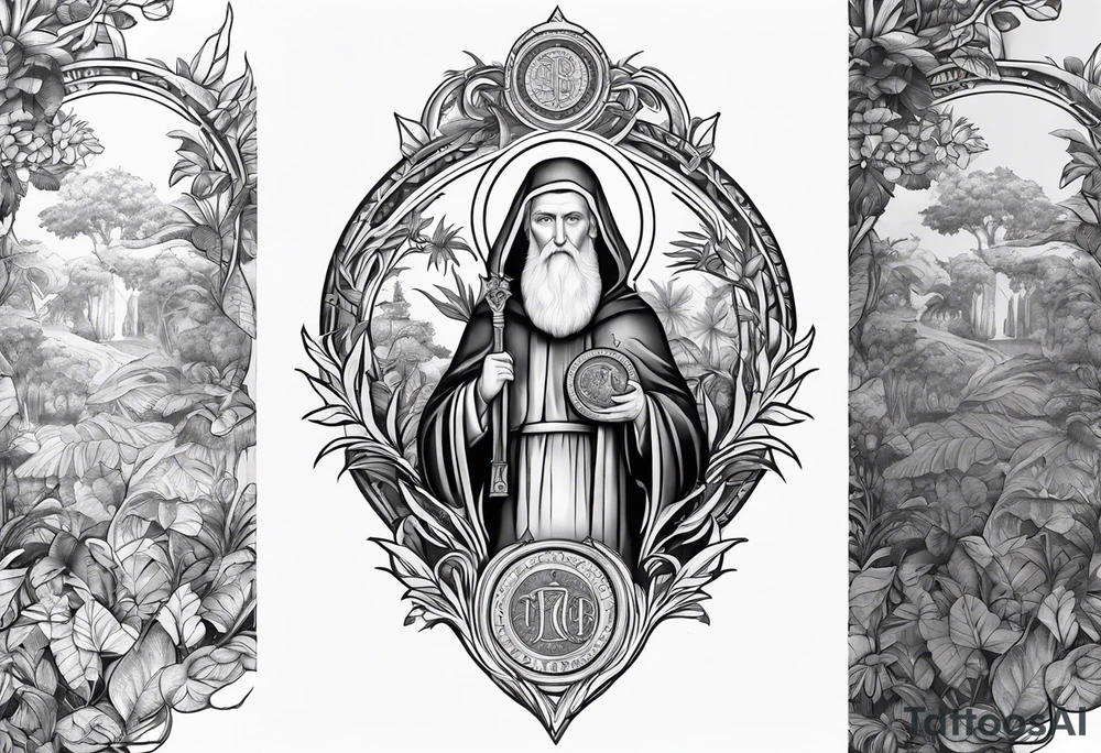 full arm sleeve tattoo with the medal of St. Benedict surrounded by jungle plants tattoo idea