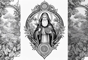 full arm sleeve tattoo with the medal of St. Benedict surrounded by jungle plants tattoo idea