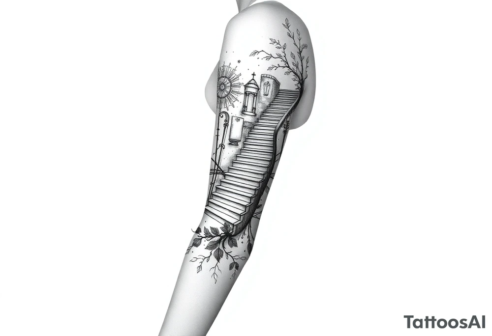 Black and grey sleeve of a labrynth of stairs tattoo idea