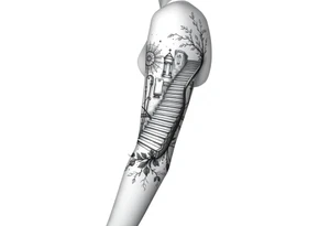 Black and grey sleeve of a labrynth of stairs tattoo idea