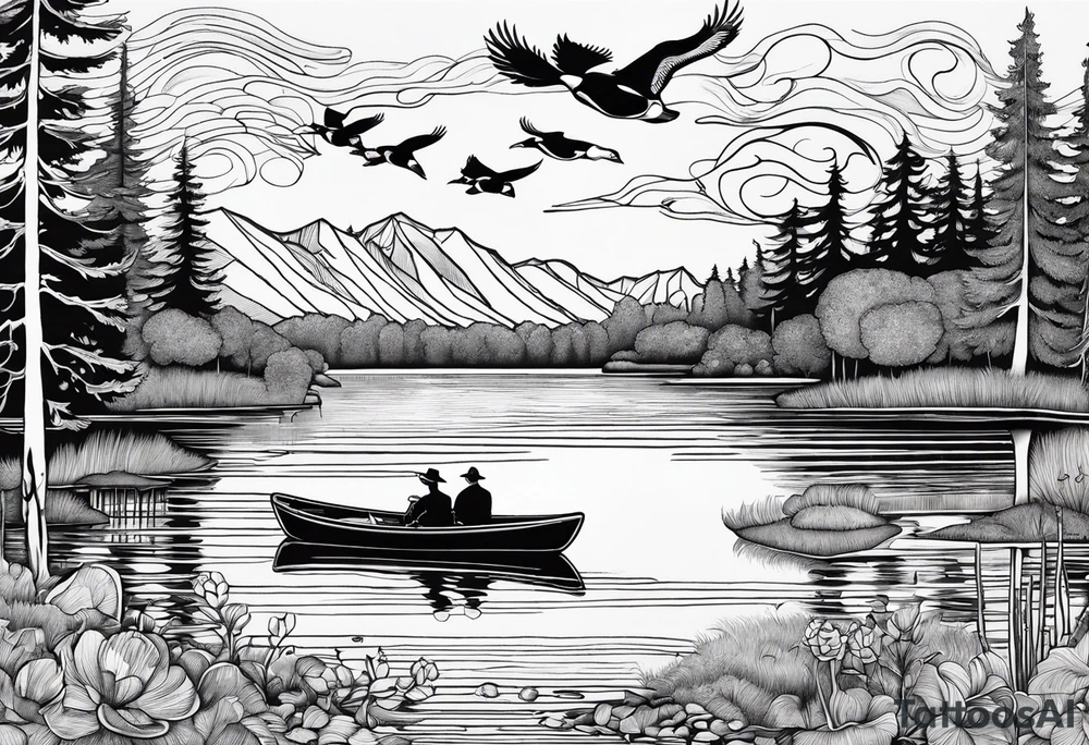 Wooded area with lake, mallards flying, and a model t tattoo idea