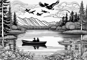 Wooded area with lake, mallards flying, and a model t tattoo idea