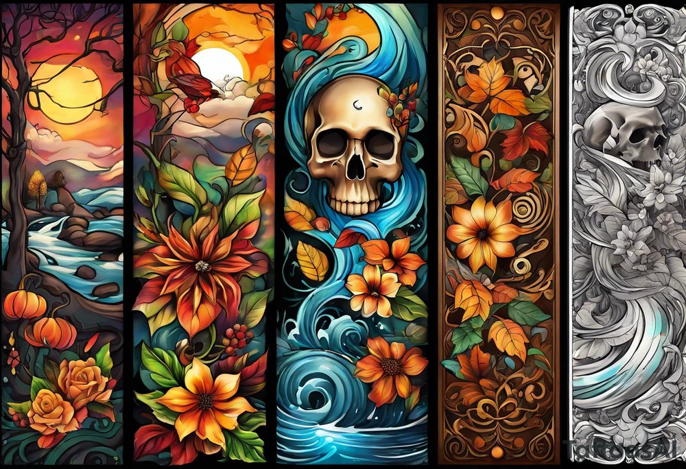 arm sleeve with fall colors, flowers, water flow shapes, leaves and various natural shapes, music notes, skulls tattoo idea