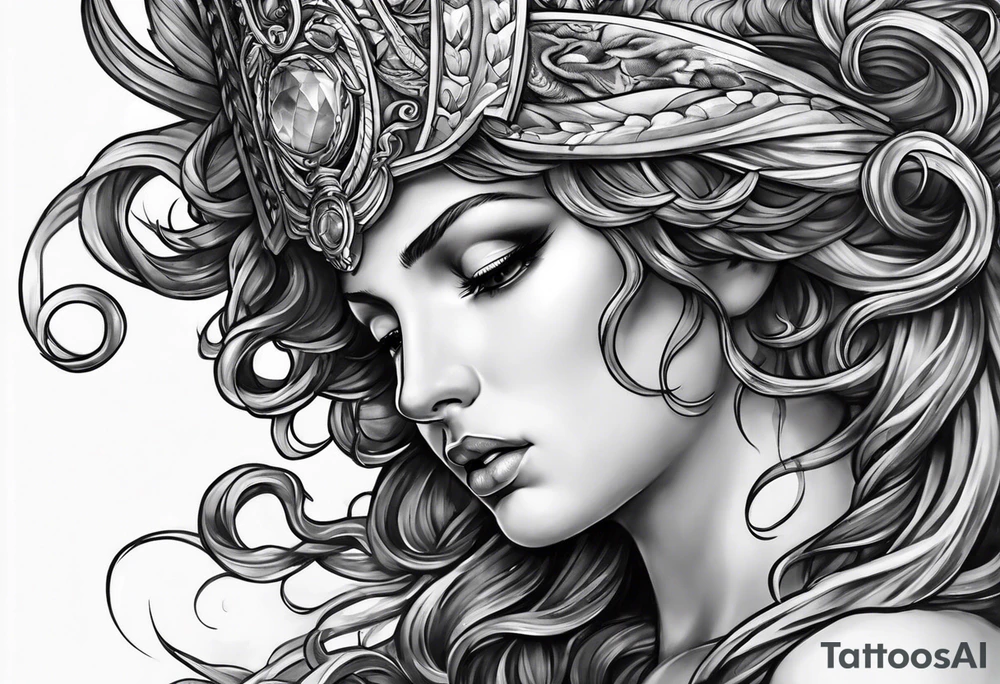 Athena sad looking up at medusa tattoo idea