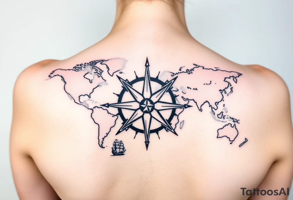 antique compass rose overlaid on weathered world map with sailing ships tattoo idea
