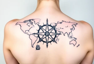 antique compass rose overlaid on weathered world map with sailing ships tattoo idea