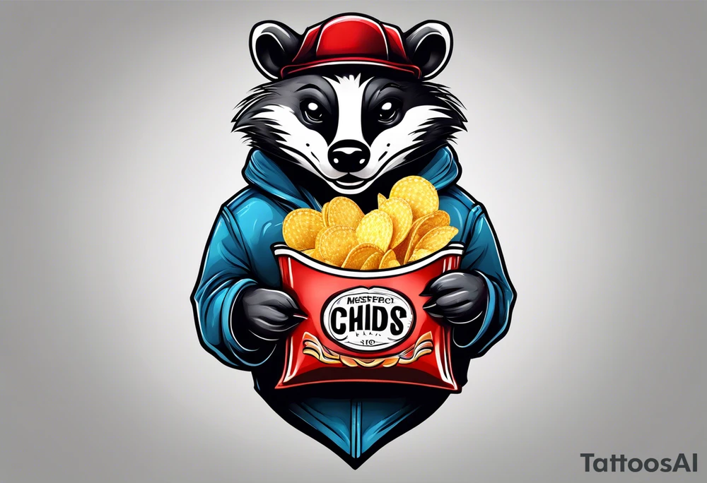 Angry badger with mouth open holding bag of chips tattoo idea