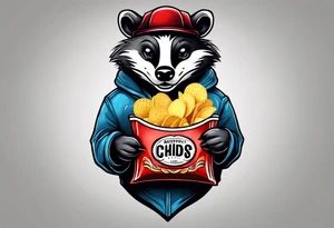 Angry badger with mouth open holding bag of chips tattoo idea