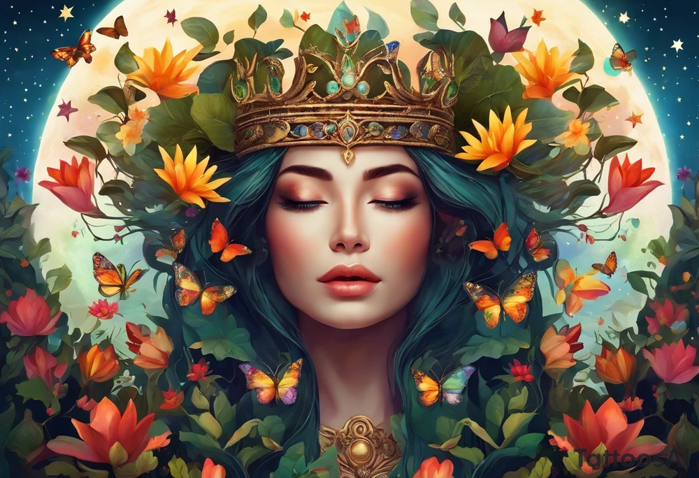 Beautiful woman made of tree, branches, and leaves. She is wearing a crown made of butterflies and has a pond and lilies near her feet with colorful vegetation. She is holding her arms upright and has her hands cupped above her head. Above her hands she has the moon, stars, and sun. The moon, stars, and sun have a flower accent. tattoo idea