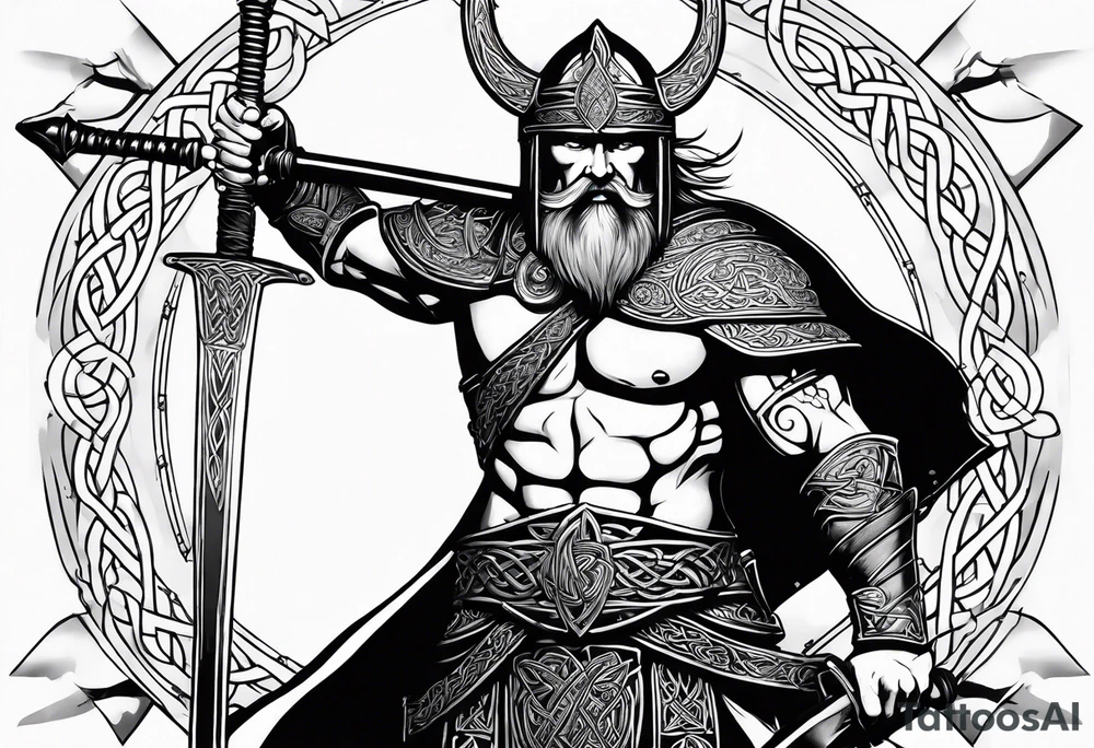 Side facing full body shot of Celtic warrior with weapon unsheathed. tattoo idea