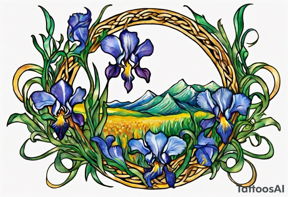 Create a small, colorful Vincent van Gogh Irises tattoo in the form of a crescent, with vines in Celtic knot style gracefully intertwining at a central point in the middle of the wreath. The intended placement is on the upper chest. The middle needs mountains. The overall design should be small in size while maintaining a delicate and artistic aesthetic. Pay attention to the graceful flow of the vines and the placement of the irises to achieve a refined and elegant look. tattoo idea