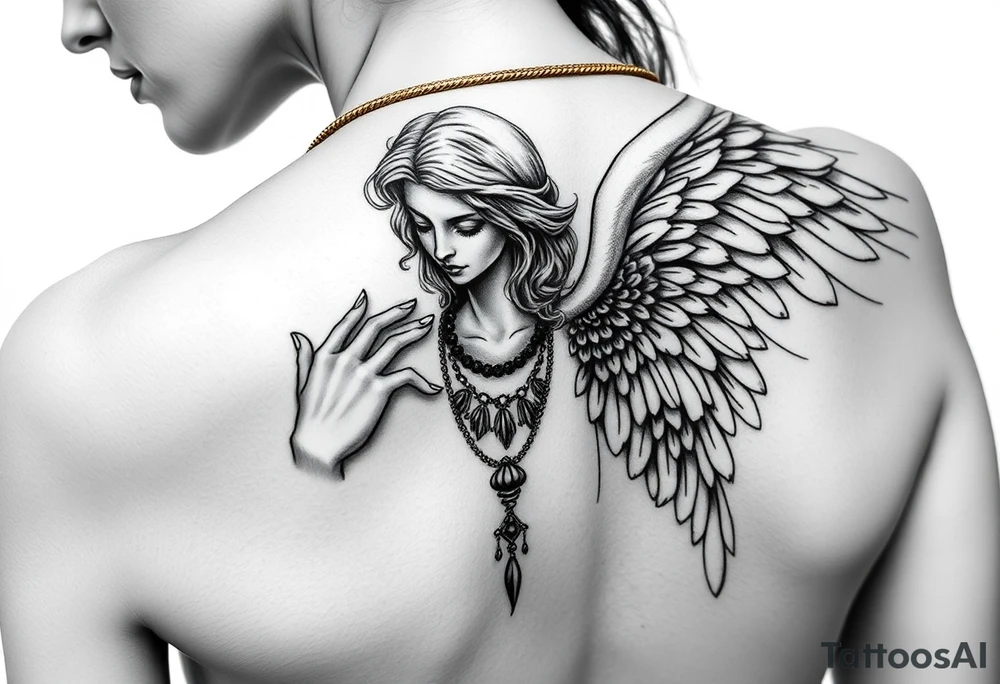 Create a statue of some angel, ruined with a corrupt criminal/thug style, tattoos, jewelry, gold necklaces. I would like this to be placed on the left arm. tattoo idea