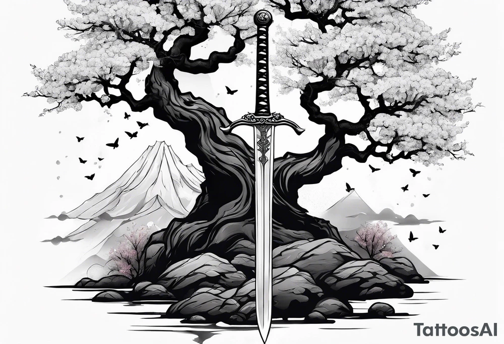 sword with a sakura tree tattoo idea