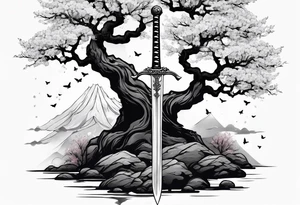 sword with a sakura tree tattoo idea