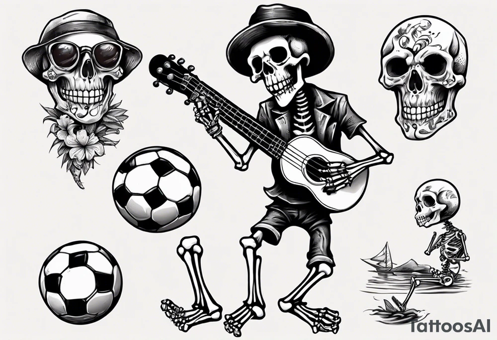 Skeleton at the beach playing ukulele and juggling soccer ball tattoo idea