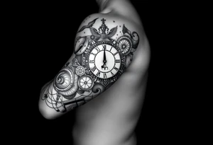 I want to create a sleeve for my left arm with elements if time and music and the dates 19.04.2019 and 28.01.2022 in Roman numerals tattoo idea