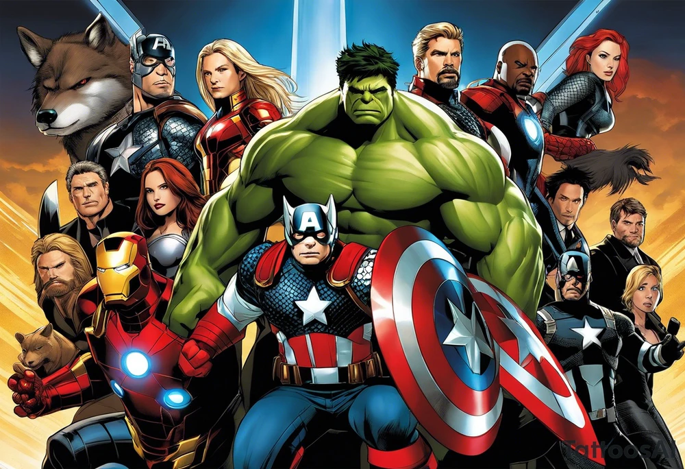 I want to change Avengers Team characters with animals. Hulk will be represented by a Badger.
Thor will be depicted as an Alpha Grey Wolf.
Captain America will be symbolized by a Bull.
Iron Man's character will be embodied by a Canary.
Black Widow's role will be portrayed by an Axolotl.
Hawkeye will be depicted as a Sudan Plated Lizard.
Nick Fury will be represented by a Cat. tattoo idea