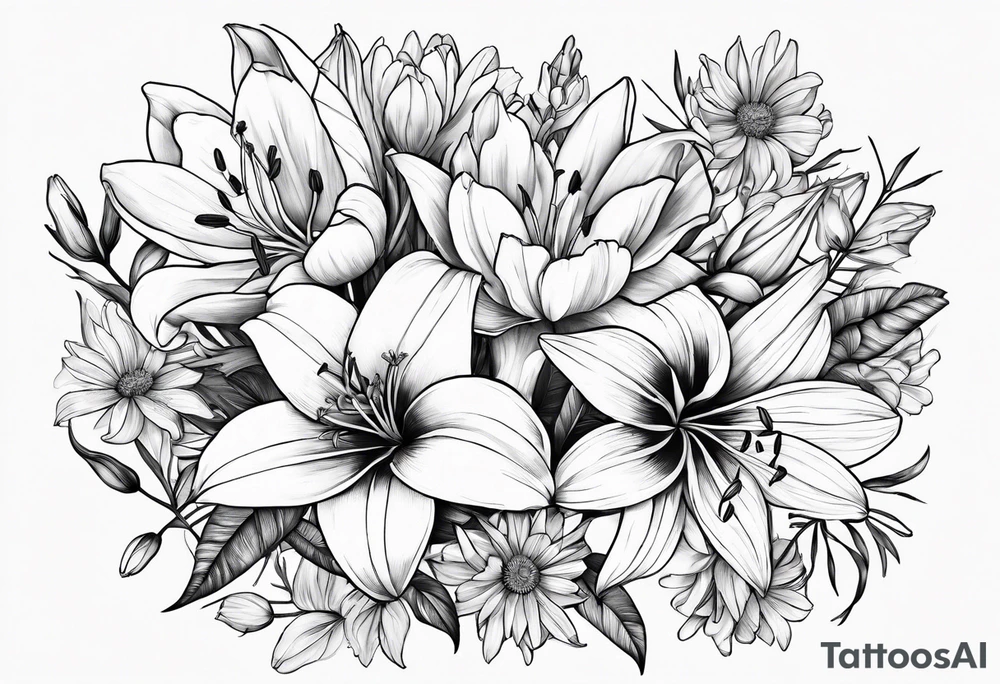 lily, marigold, tulip, cosmo, and aster tattoo idea