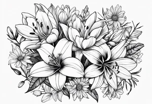 lily, marigold, tulip, cosmo, and aster tattoo idea