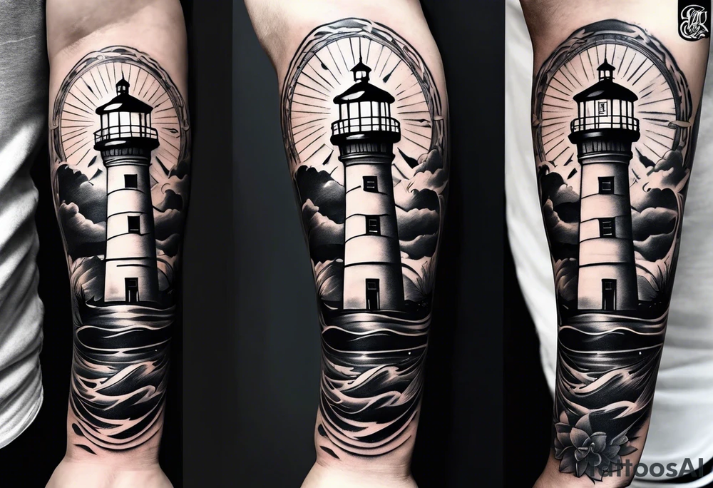 minimalist open book with a lighthouse in the middle and a compass to wrap around forearm tattoo idea