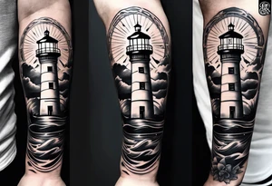 minimalist open book with a lighthouse in the middle and a compass to wrap around forearm tattoo idea