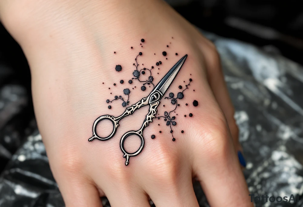Tattoo Artist's Scissors Tattoo – A tattoo artist's tool—silver scissors with black ink spots scattered around them, incorporating dark gray and black tones, symbolizing the tools of the trade and creative expression. tattoo idea