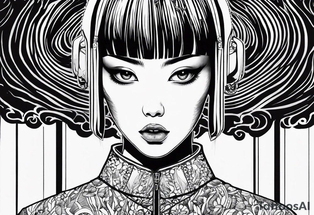 portrait of tomie a character by the author junji ito full body standing menacingly. a mole below her left eye tattoo idea