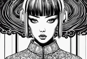 portrait of tomie a character by the author junji ito full body standing menacingly.  a mole below her left eye tattoo idea