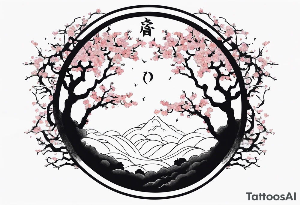 A circle of mist with cherry blossom trees on the left side growing upwards and downwards with the shadow kanji letter in the middle of the circle tattoo idea