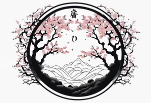 A circle of mist with cherry blossom trees on the left side growing upwards and downwards with the shadow kanji letter in the middle of the circle tattoo idea