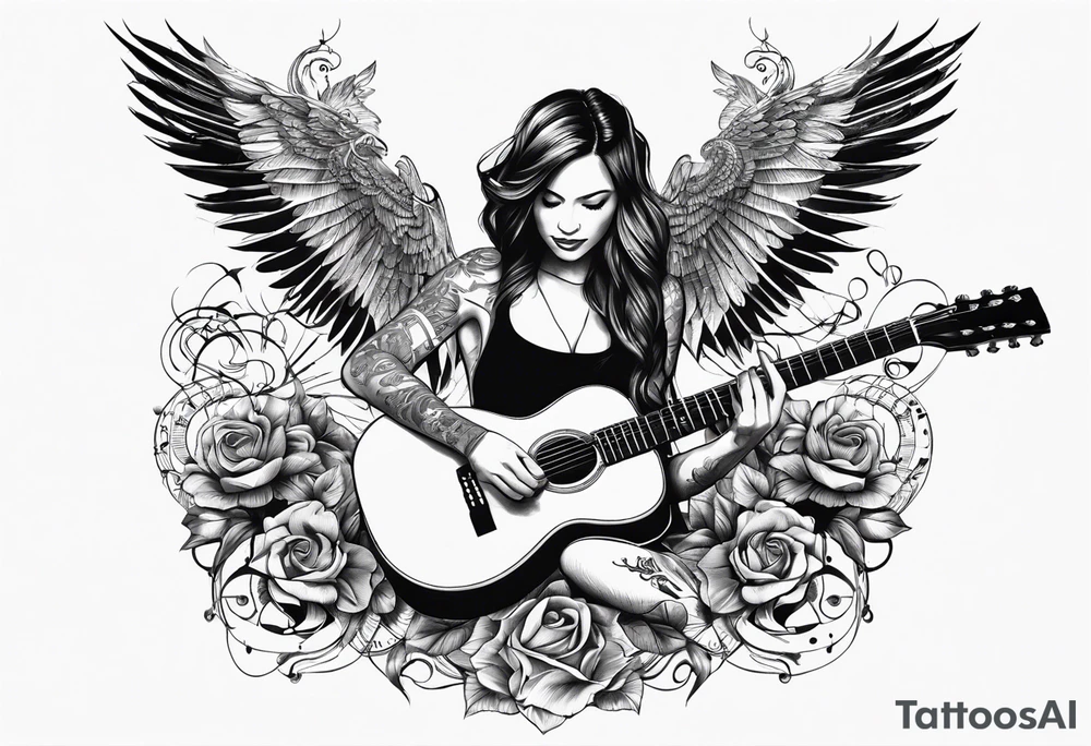 Microphone and musical notes and guitar and wings and female tattoo idea