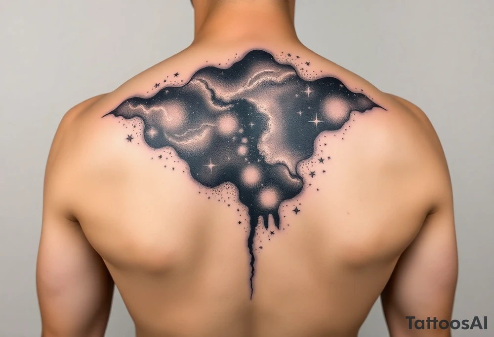Beautiful and epic 3d milky way that appears to be what is beneath the skin. Make it drape over the shoulder and move to the middle back. use negative spaces to create stars and dust. Incorporate God breathing life into the universe. IKeep it symmetrical tattoo idea