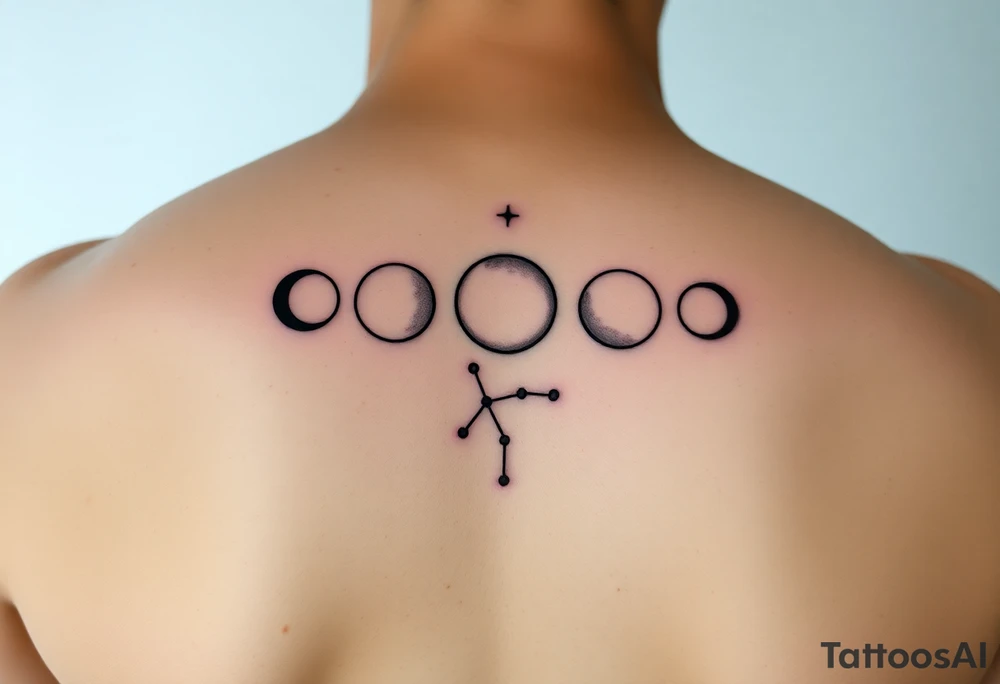 I’d like a vertical tattoo featuring five moon phases in this order: waxing crescent, third quarter, full moon, first quarter, third quarter. Behind the moons, I want the Capricorn constellation represented only by the star points—no connecting lines—arranged in the correct shape behind the moons. The style should be minimalistic, celestial, and elegant tattoo idea